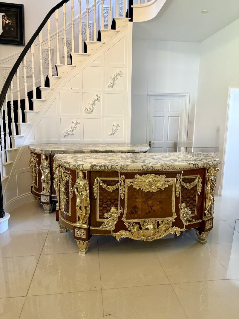 Antique Rare Fine Pair of French Early 20th Century Mahogany, Fruitwood Marquetry and Gilt Bronze Mounted Commodes In the Louis XVI Style, after the Original By Jean-Henri Riesener